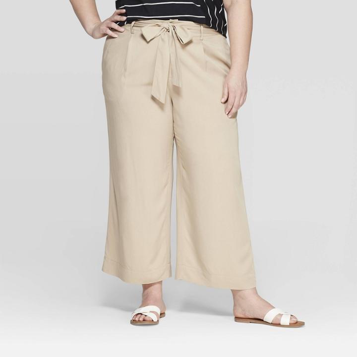 Women's Plus Size Tie Waist Pants - Ava & Viv Khaki (green)