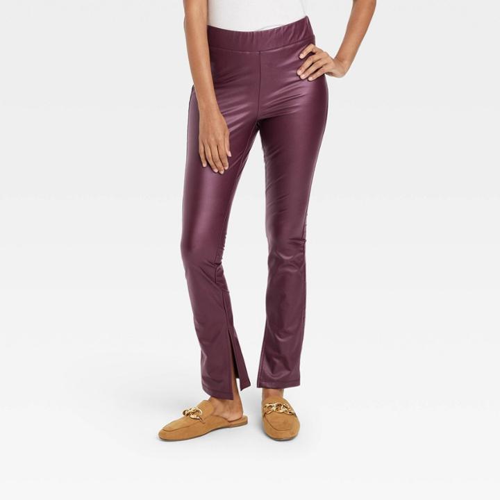 Women's High-waisted Split Hem Faux Leather Leggings - A New Day Burgundy