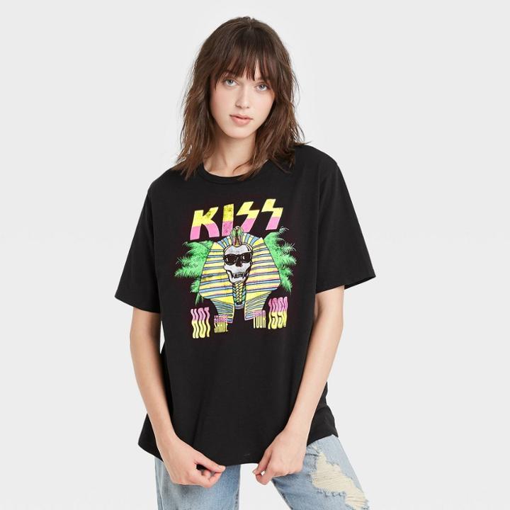 Women's Kiss Tour Short Sleeve Oversized Graphic T-shirt - Black