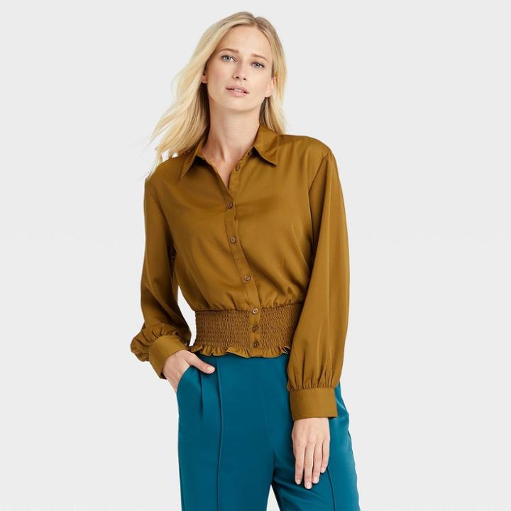 Women's Bishop Long Sleeve Smocked Button-down Shirt - Who What Wear Brown