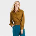 Women's Bishop Long Sleeve Smocked Button-down Shirt - Who What Wear Brown