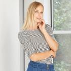 Women's Striped Ruffle 3/4 Sleeve Boat Neck Top - Who What Wear Black