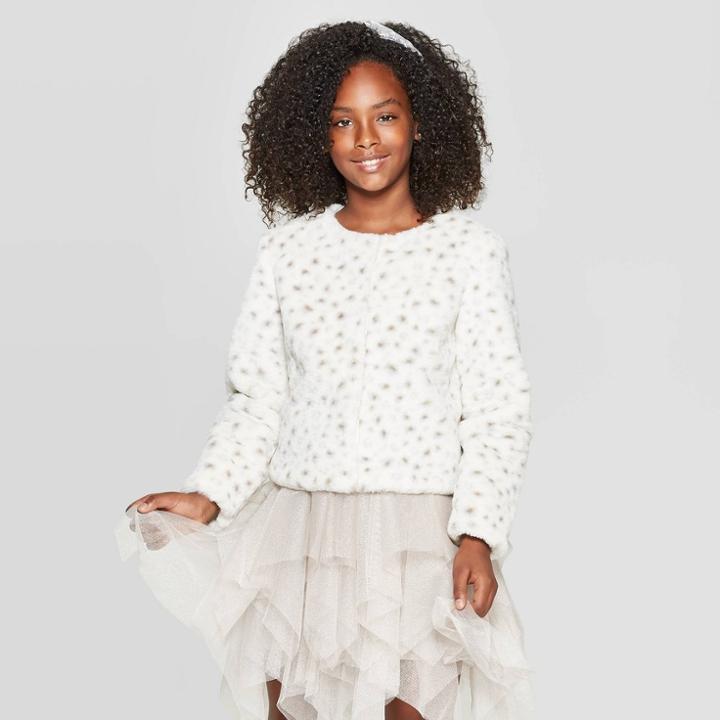 Girls' Animal Print Faux Fur Jacket - Cat & Jack White/gray M, Girl's,