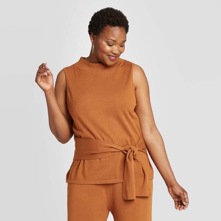 Women's Plus Size Crewneck Tie Waist Sweater Tank - A New Day Brown 1x, Women's,