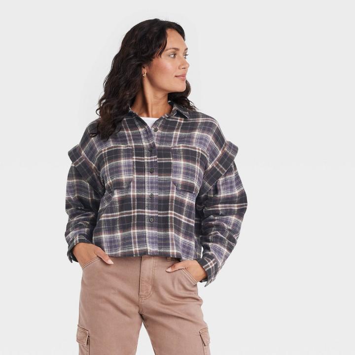 Women's Long Sleeve Flannel Button-down Shirt - Universal Thread Navy Blue Plaid