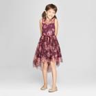 Zenzi Girls' Dressy Dress With Floral Print With All Over Mesh And Hi-low Skirt - Burgundy