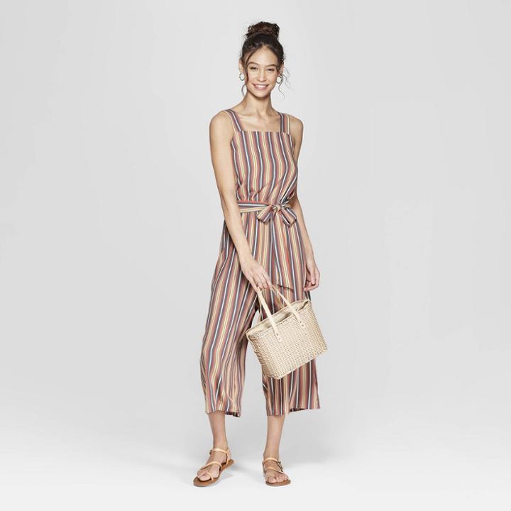 Women's Striped Strappy Square Neck Waist Tie Jumpsuit - Xhilaration Orange
