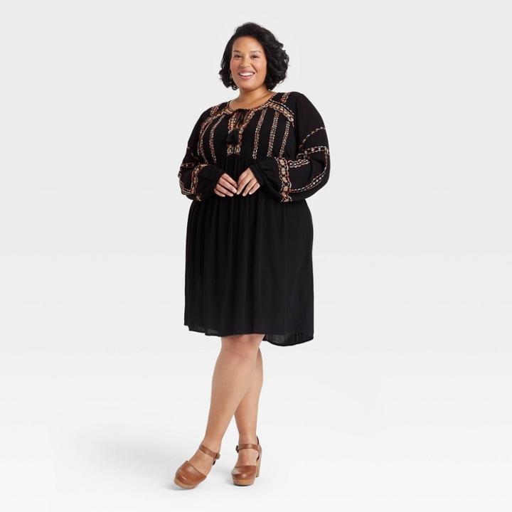 Women's Plus Size Long Sleeve Embroidered Dress - Knox Rose Black