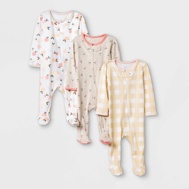 Baby Girls' 3pk Fruit Print Zip-up Sleep N' Play - Cloud Island Yellow/brown/white