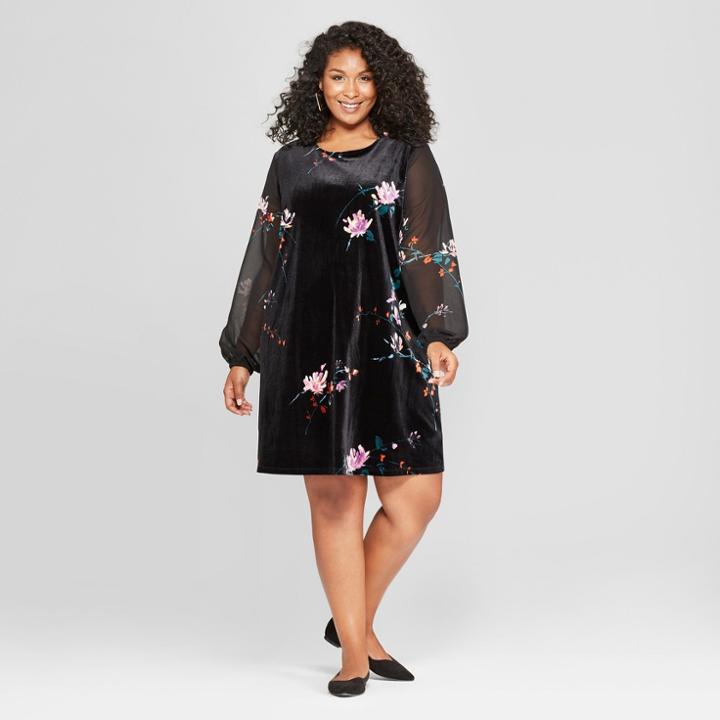 Women's Plus Size Floral Print Chiffon Sleeve Velour Dress - Ava & Viv Black X