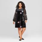 Women's Plus Size Floral Print Chiffon Sleeve Velour Dress - Ava & Viv Black X