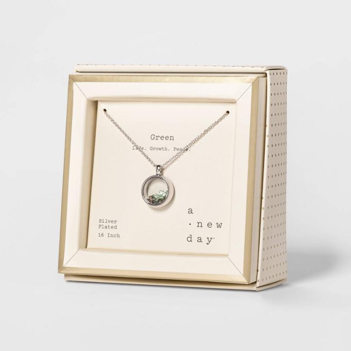 Boxed Silver Plated Shaker With Crystals Pendant Necklace - A New Day Crystal Green, Women's