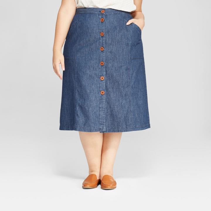 Women's Plus Size Midi Button Front Skirt - Universal Thread Blue