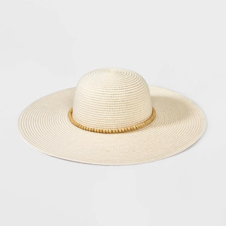 Women's Wide Brim Straw With Beads Floppy Hat - A New Day Cream