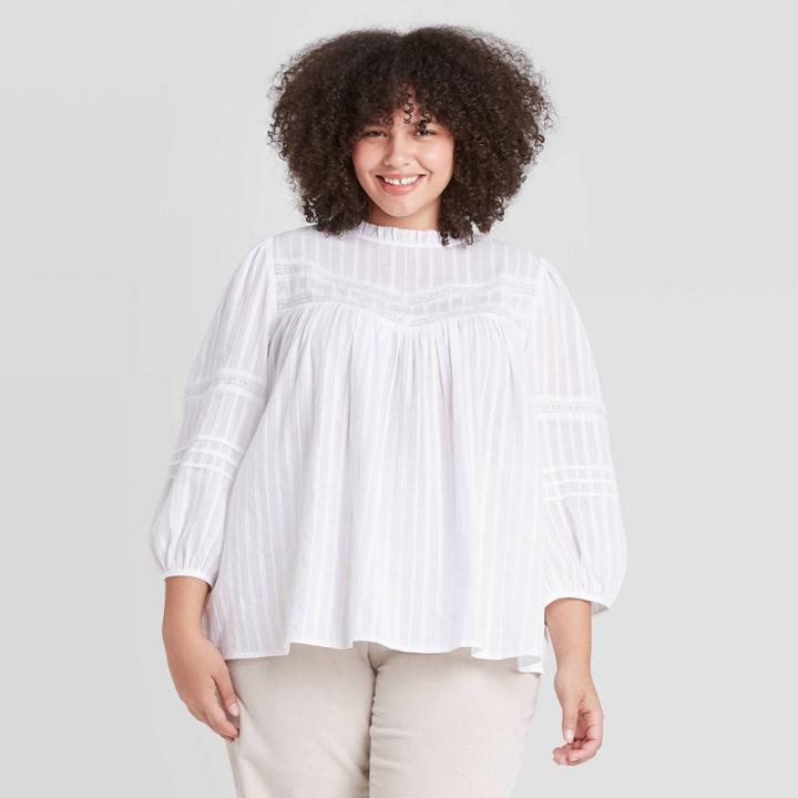 Women's Plus Size 3/4 Sleeve Prairie Shirt - Universal Thread White