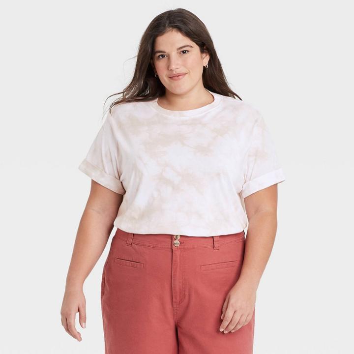 Women's Plus Size Tie-dye Short Sleeve Cuff T-shirt - A New Day Brown