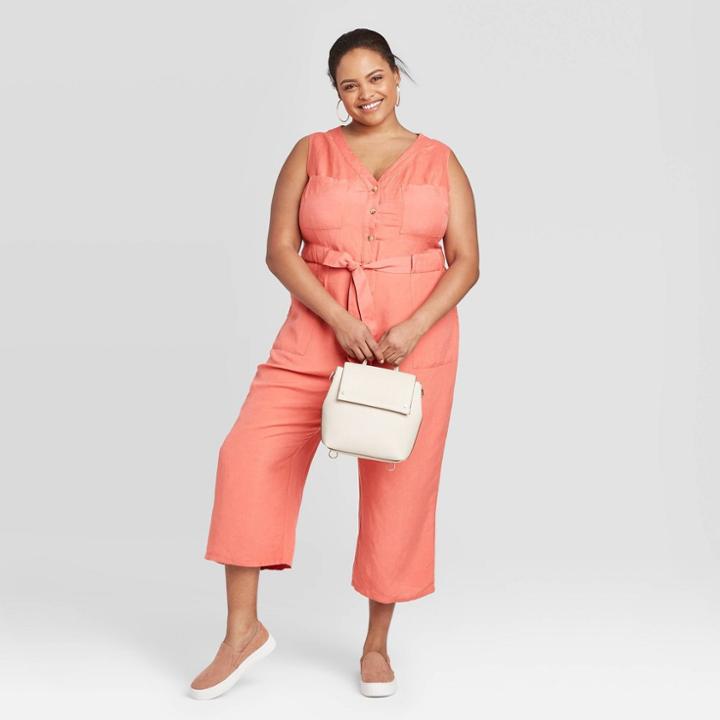 Women's Plus Size Sleeveless Linen Jumpsuit - A New Day Red 1x, Women's,