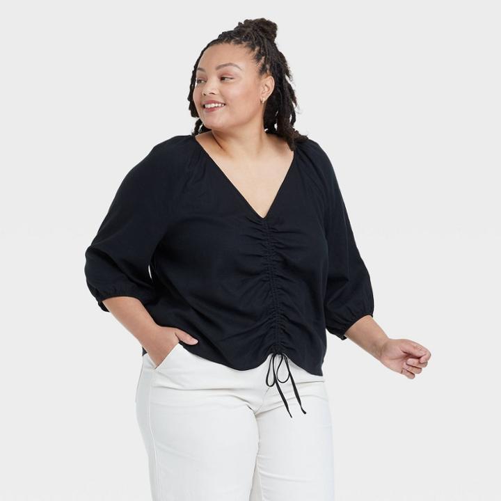 Women's Plus Size 3/4 Sleeve Ruched Front Top - Ava & Viv Black