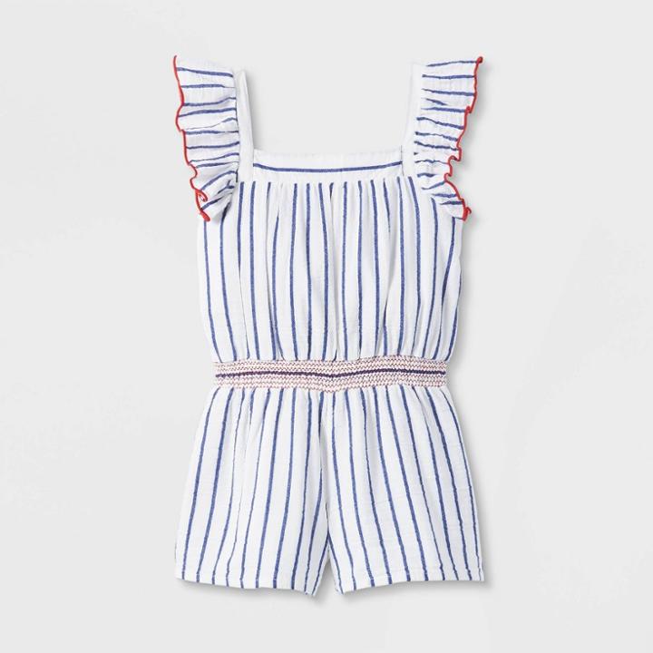Girls' Flutter Sleeve Smocked Waist Americana Romper - Cat & Jack White/blue