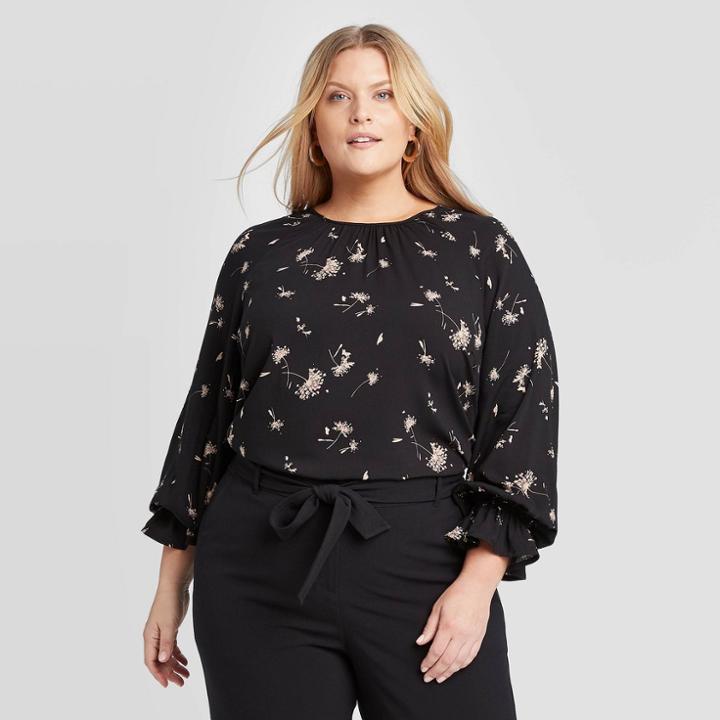 Women's Plus Size Floral Print Long Sleeve Round Neck Blouse - Ava & Viv Black X, Women's