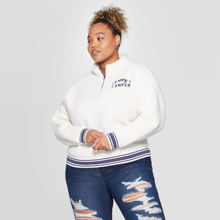 Women's Happy Camper Plus Size Long Sleeve 1/4 Zip Sweatshirt - Grayson Threads (juniors') - Light Beige 1x, Women's,