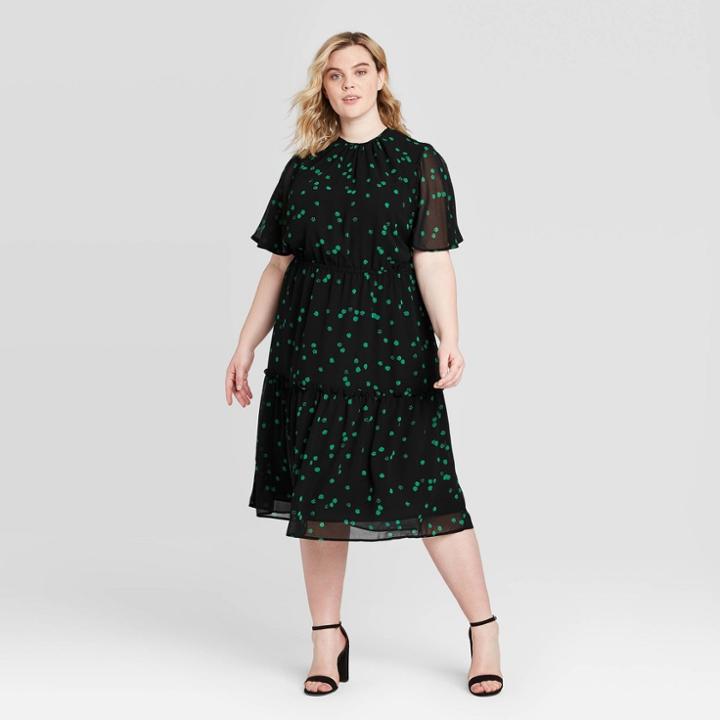 Women's Plus Size Printed Short Sleeve Midi Dress - Who What Wear Black 1x, Women's, Size: 1xl,