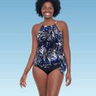 Women's Slimming Control High Neck Tankini Top - Dreamsuit By Miracle Brands Black Palm Print