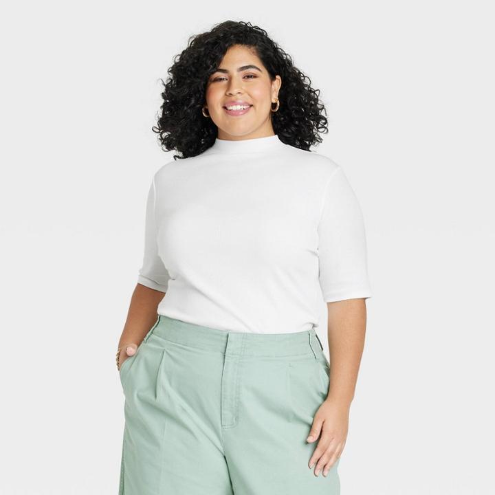 Women's Plus Size Elbow Sleeve Mock Turtleneck T-shirt - A New Day White