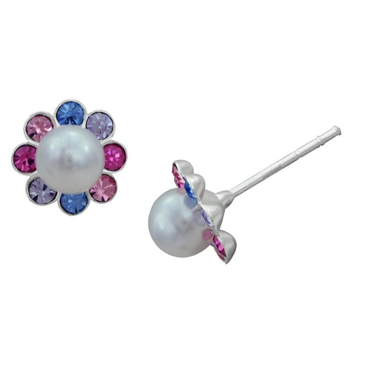 Target Girls' Sterling Silver Crystal Flower With Pearl Stud Earring-dark Pastel