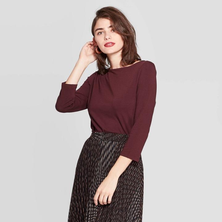 Women's Regular Fit Long Sleeve Boat Neck T-shirt - A New Day Dark Burgundy L, Size: