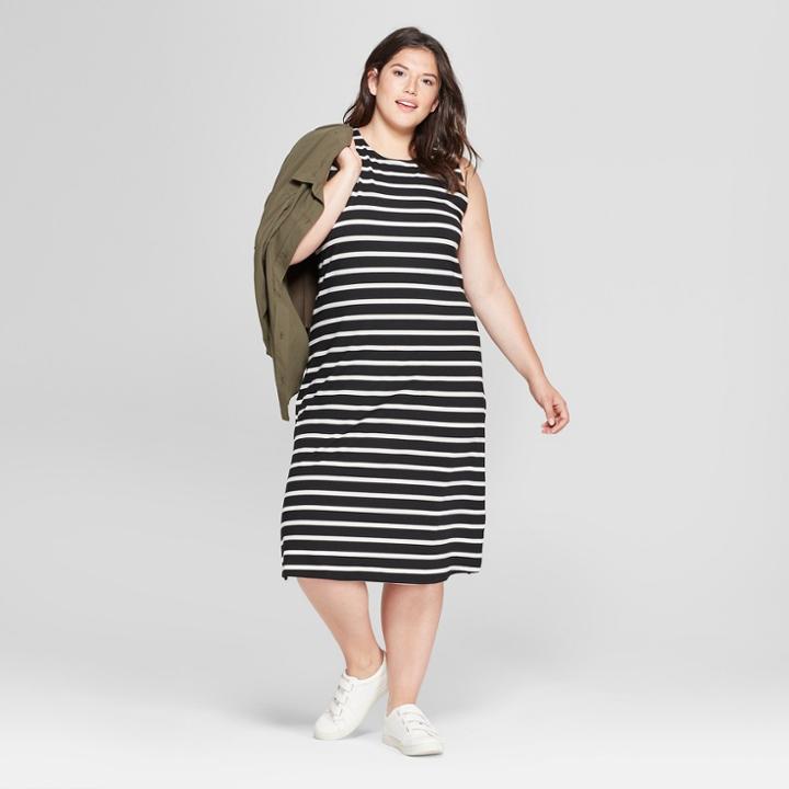 Women's Plus Size Striped Sleeveless Knit Maxi Dress - A New Day Black/cream 1x,