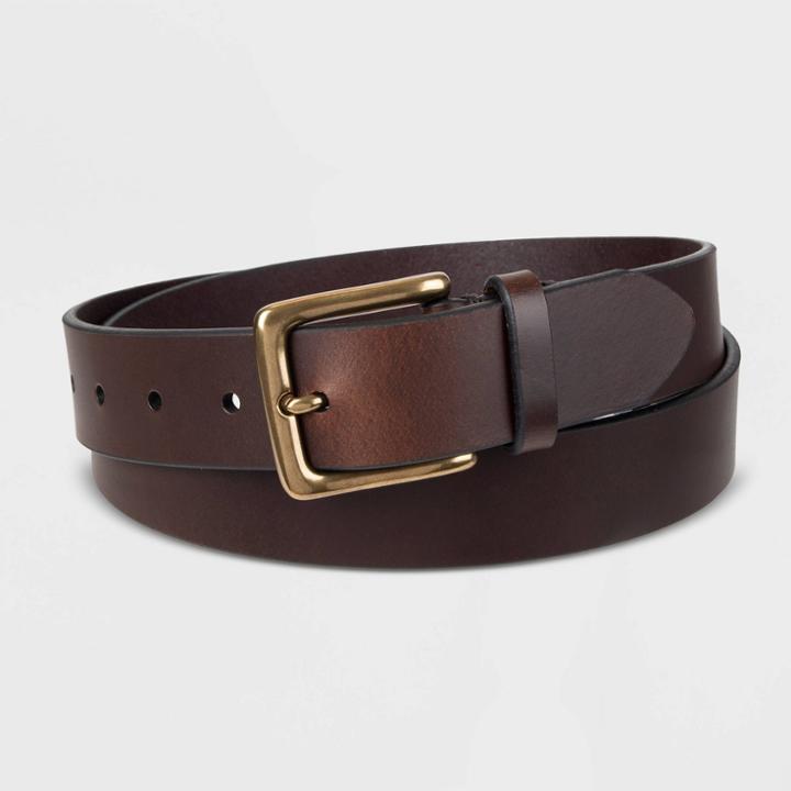 Men's 35mm Leather Brass Buckle Belt - Goodfellow & Co Brown M, Men's,