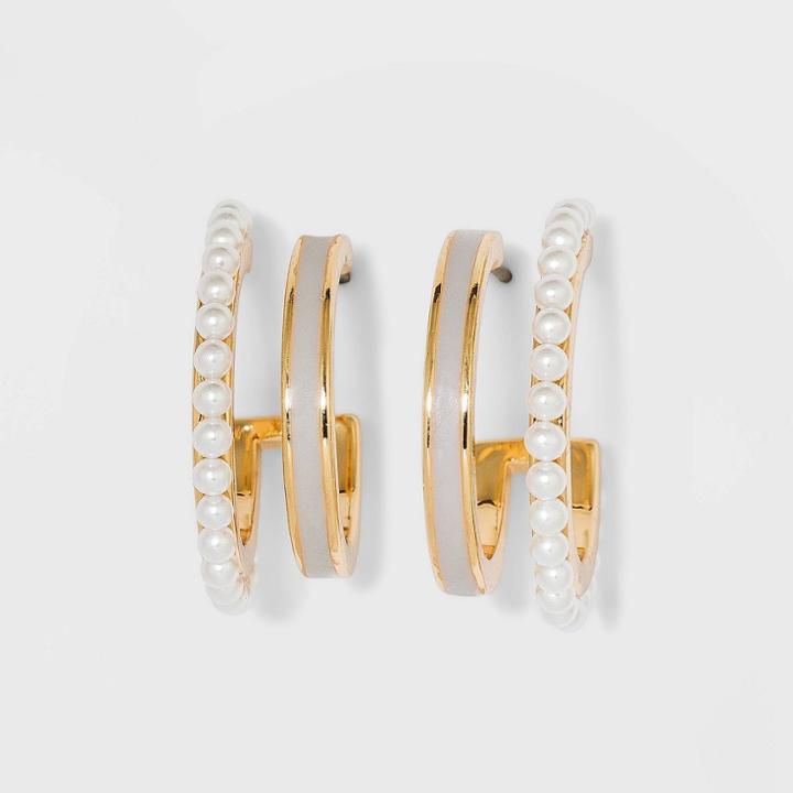 Faux Duo Enamel And Pearl Huggie Hoop Earrings - A New Day White