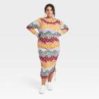 No Brand Latino Heritage Month Women's Plus Size Long Sleeve Wavy Striped Drawcord A-line Dress - Floral