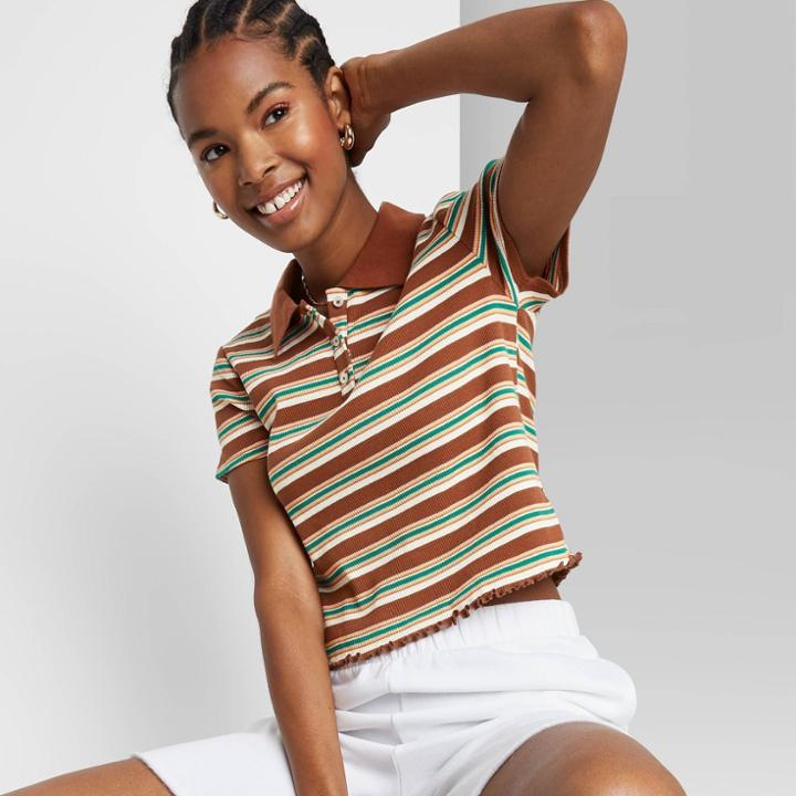 Women's Slim Fit Short Sleeve Polo Baby T-shirt - Wild Fable Brown Multi