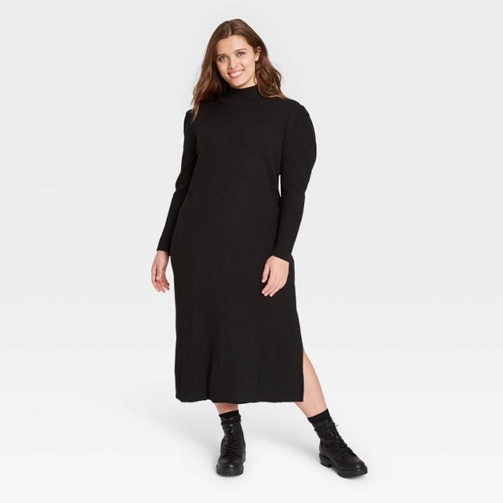 Women's Plus Size Puff Long Sleeve Sweater Dress - Who What Wear Black