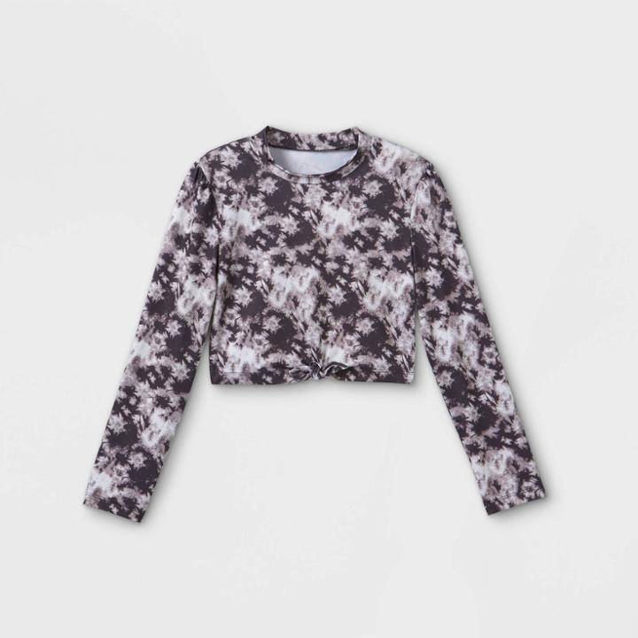 Girls' Tie-dye Ombre Cropped Long Sleeve Rash Guard Swim Shirt - Art Class Black