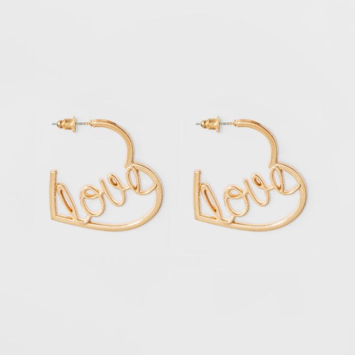 Target Open Heart With Scripted Love Earrings - Gold
