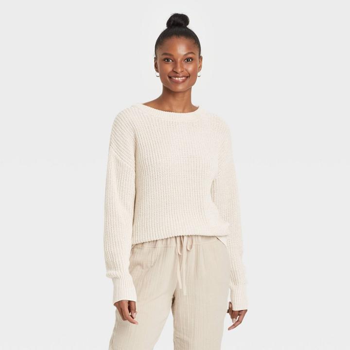 Women's Crewneck Textured Pullover Sweater - Universal Thread Cream