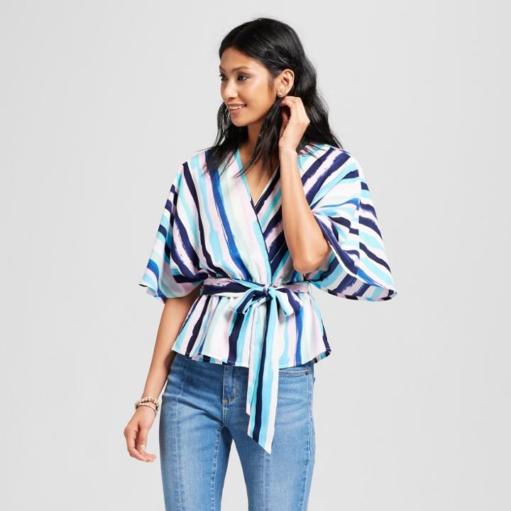 Women's Striped Long Sleeve Off The Shoulder Romper - Needlework Blue