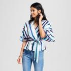 Women's Striped Long Sleeve Off The Shoulder Romper - Needlework Blue
