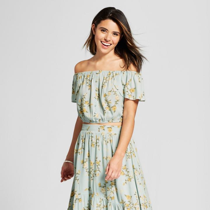 Women's Floral Print Short Sleeve Off The Shoulder Button Front Cropped Top - Xhilaration Mint (green)