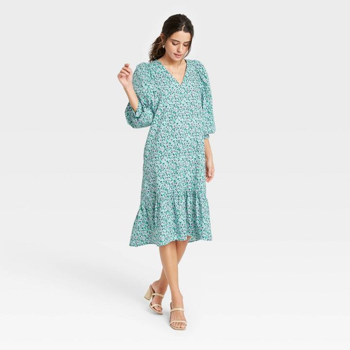 Women's Long Sleeve Ruffle Hem Dress - A New Day Blue