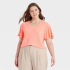 Women's Plus Size Flutter Short Sleeve Scoop Neck Linen T-shirt - A New Day Blush 1x, Pastel Pink
