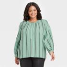 Women's Plus Size Striped Long Sleeve Half Placket Blouse - Universal Thread Green