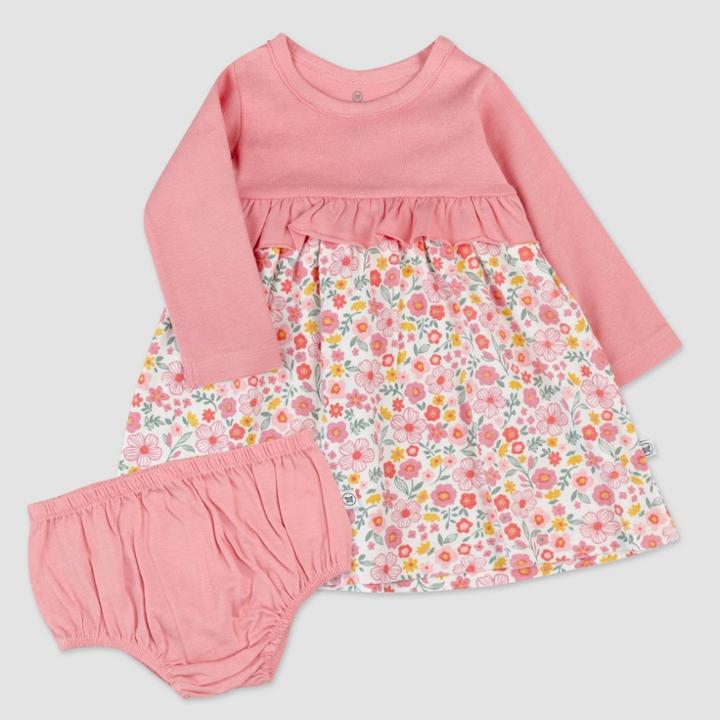Honest Baby Girls' Organic Cotton Fall Floral Long Sleeve Party Dress - Pink/white