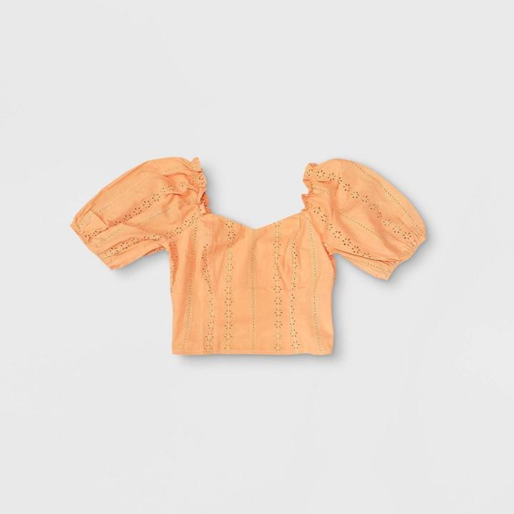 Women's Puff Short Sleeve Cropped Eyelet Detail Top - Wild Fable Orange