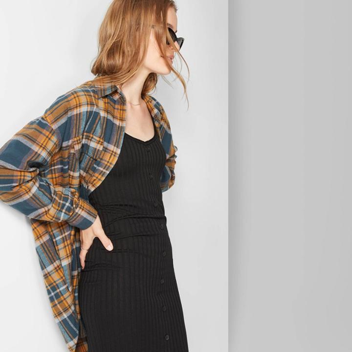 Women's Plaid Long Sleeve Oversized Button-down Flannel Shirt - Wild Fable Navy (blue)