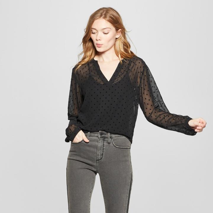 Women's Polka Dot Chiffon Long Sleeve Blouse - A New Day Black