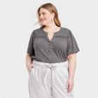 Women's Plus Size Short Sleeve V-neck Eyelet Henley Shirt - Knox Rose Gray